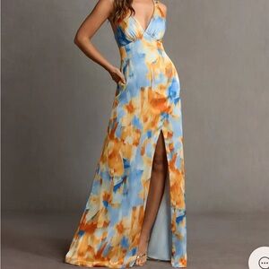 Azazie Orange Blue Abstract Maxi Dress